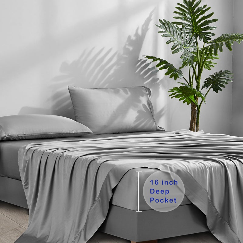 ACCURATEX Cooling Sheets Queen Size Grey - Viscose Made from Bamboo, Luxury Hotel Sheet Set for Queen Size Bed, Super Soft Breathable Bedding Sheets up to 16 inches Deep Pockect - Image 5